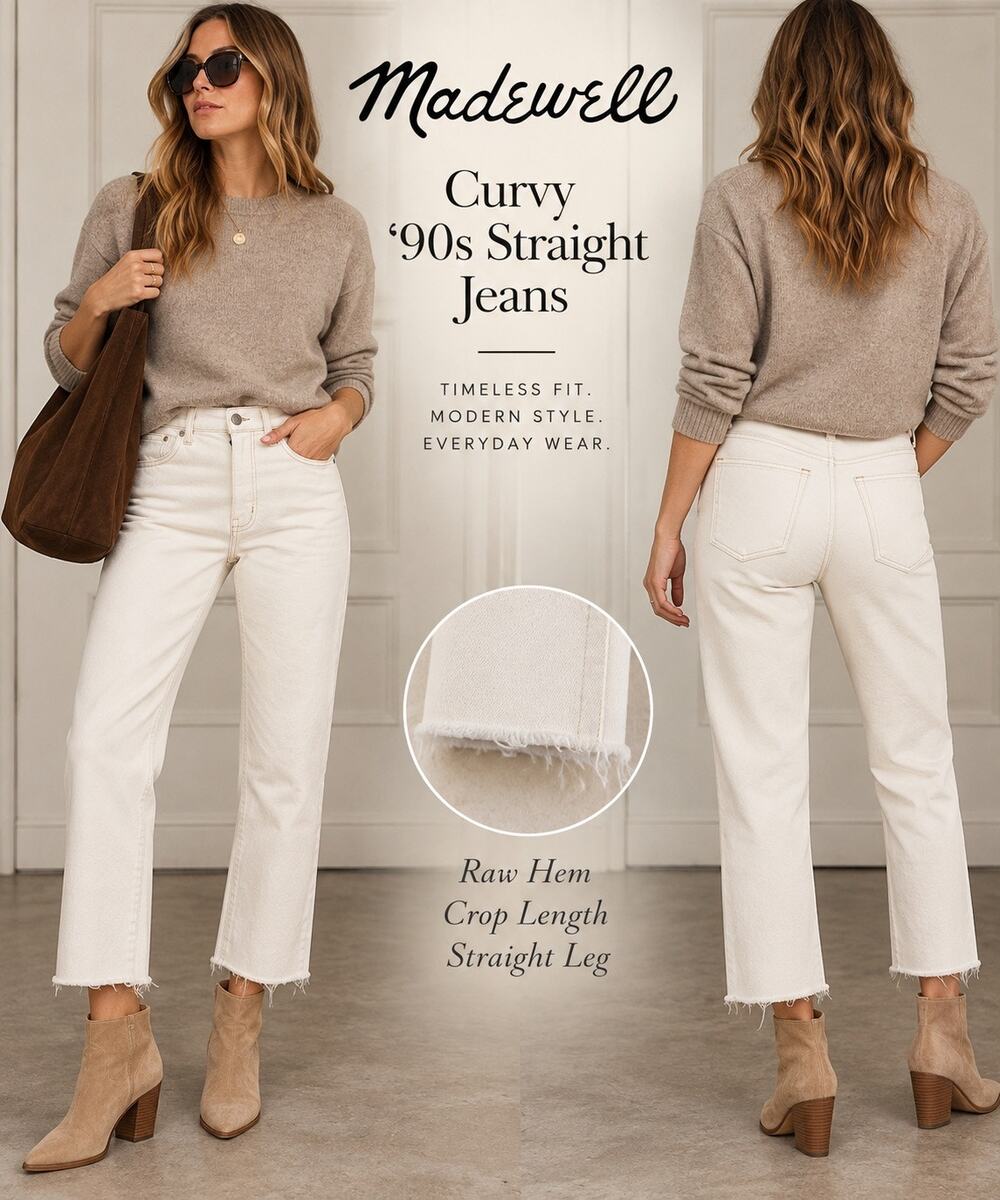 90s Minimalist Luxury Straight Crop Raw Hem Ivory Jeans Madewell Curvy Size 26